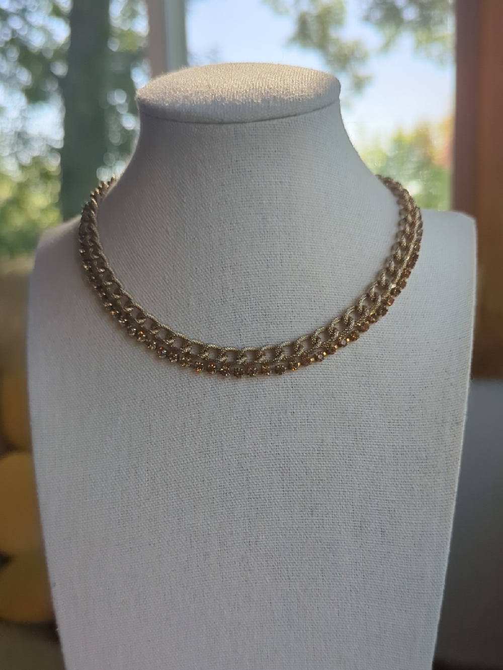 Vintage Double-Row Brush Gold Tone Link & Rhinestone Choker Necklace, 12"-15"